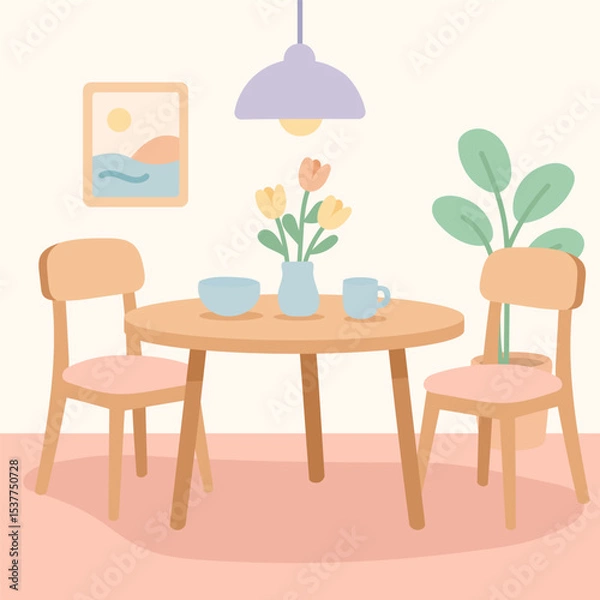 Fototapeta A cozy dining area features a round wooden table adorned with a vase of fresh flowers, surrounded by two simple chairs, and a soft, inviting atmosphere with warm colors.