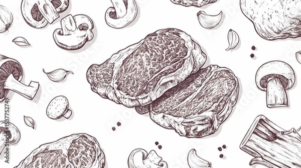 Fototapeta Detailed illustrations of steak, mushrooms, and garlic.