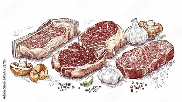 Fototapeta Hand-drawn illustration of various cuts of beefsteak and accompaniments.