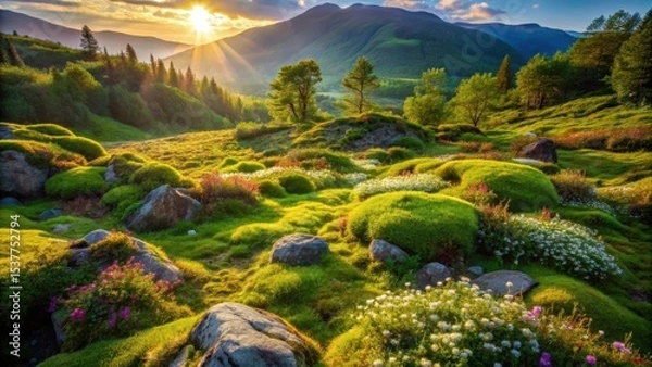 Fototapeta Serene Mountain Meadow Landscape at Sunset with Vibrant Blossoms and Lush Greenery