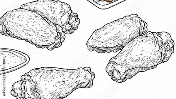 Fototapeta Detailed illustrations of chicken wings and drumsticks.