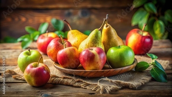 Fototapeta A rustic arrangement of assorted ripe apples and pears on a wooden table