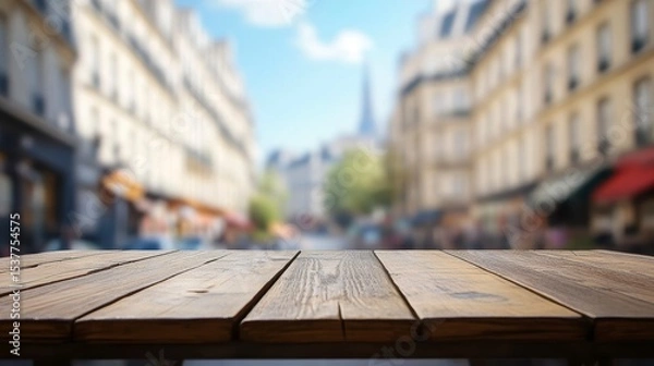 Fototapeta Empty wooden table with blurred Parisian street background.