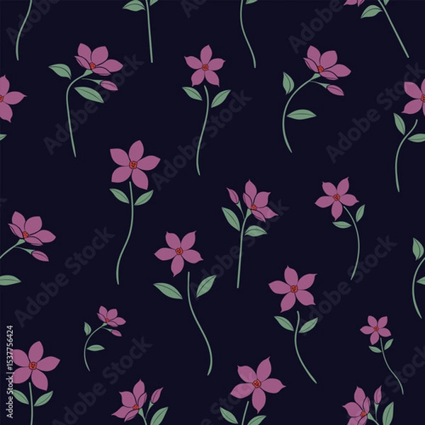 Fototapeta Seamless floral design with pink flowers on dark blue background. modern vector flower pattern for fabric prints, wallpaper, stationery and textiles. eps10