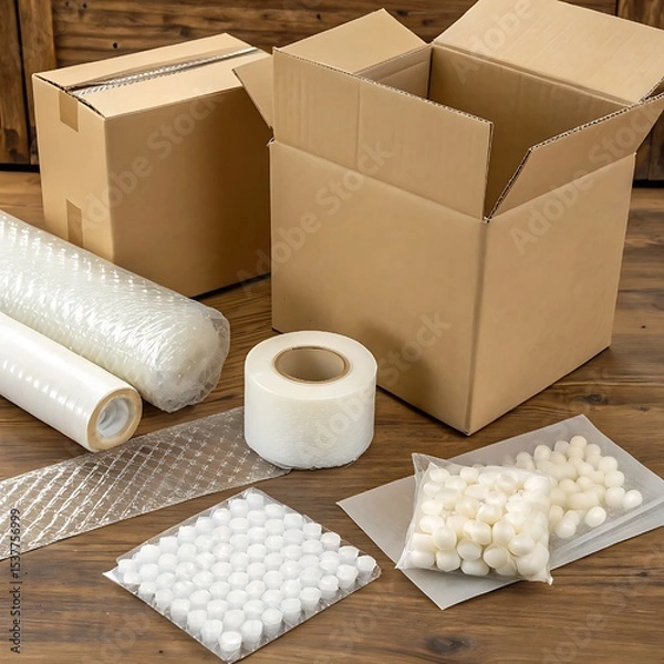 Fototapeta A neatly arranged collection of packaging supplies, including sturdy cardboard boxes, rolls of bubble wrap, stretch film, and foam inserts, ready to ensure secure shipping