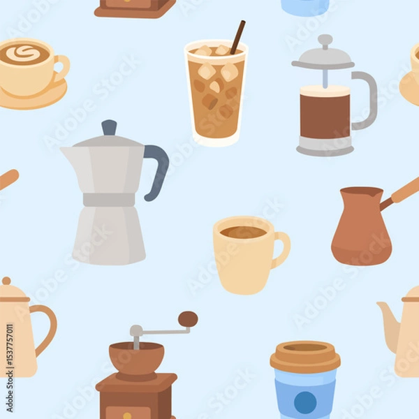 Fototapeta Various coffee-making tools and beverages arranged against a light blue background seamless pattern. The collection includes grinders, pots, cups, and iced drinks reflecting coffee culture.
