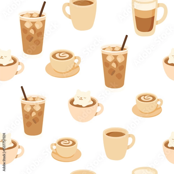 Fototapeta Bright and whimsical seamless pattern showcases various coffee drinks, including iced and hot beverages, with adorable cat motifs adding charm to the design.