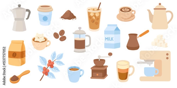 Fototapeta A delightful coffee set showcases diverse brewing methods, beans, drinks, and ingredients in an artistic layout, highlighting the joy of coffee culture.