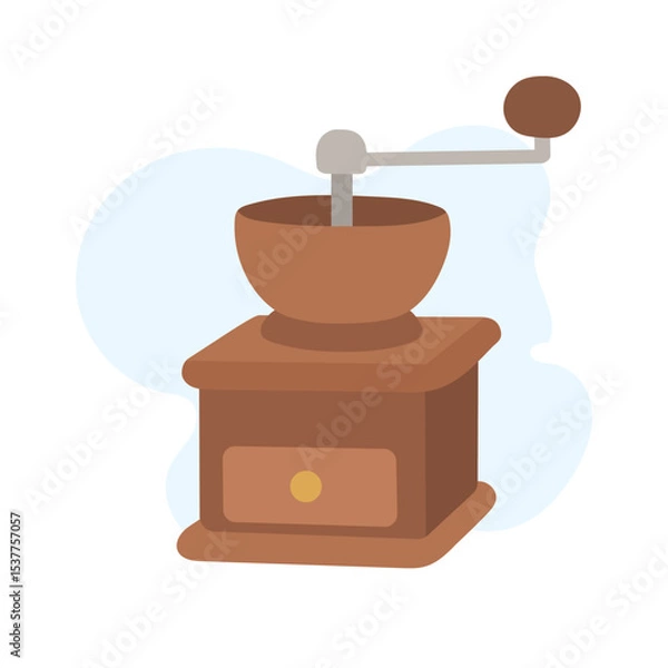 Fototapeta A wooden coffee grinder sits on a flat surface, featuring a round top and a handle. Its charming design adds a nostalgic touch to any kitchen decor.