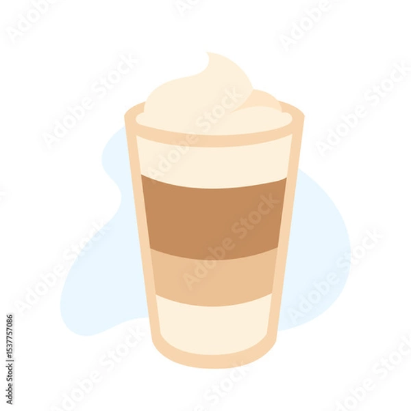 Fototapeta A delicious layered drink presented in a clear cup showcases alternating colors of coffee and cream, topped with a smooth swirl, set against a soft background.