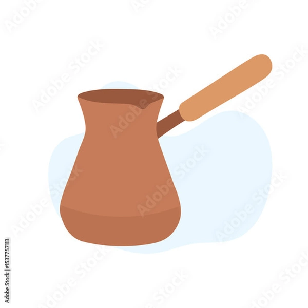 Fototapeta A clay coffee pot with a wooden handle sits against a soft light blue backdrop, showcasing its rustic charm and craftsmanship typical of traditional brewing methods.
