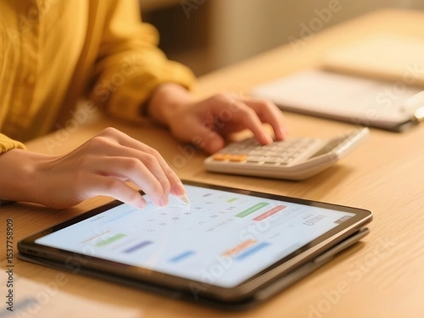 Fototapeta Close up of woman hand using tablet and calculator to calculate home finance, accounting at desk, budget management. Finance, budgeting and tax calculation, monthly expenses