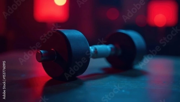 Obraz Sharp black dumbbell focus, blurred red blue backdrop , weights, background