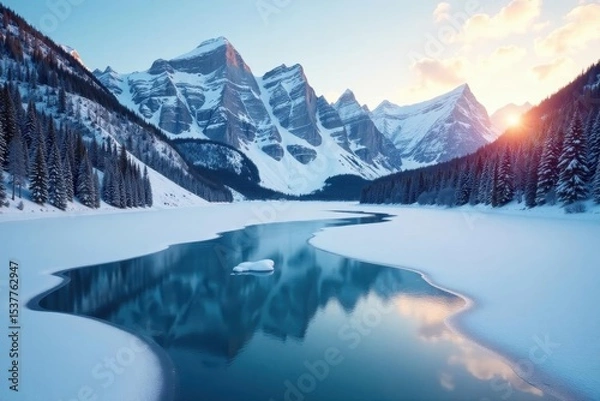 Fototapeta Frozen lake reflects winter SLC skyline, crisp air , image, graphic