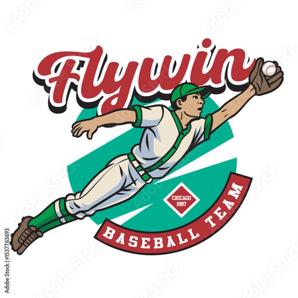 Fototapeta Vector Illustration of Baseball Player Catches Baseball's Ball with Detailed Retro Cartoon Available for Logo Badge