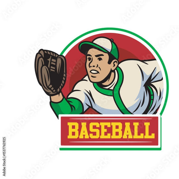 Fototapeta Vector Illustration of Baseball Player Wearing Baseball Gloves with Detailed Retro Cartoon Available for Logo Badge