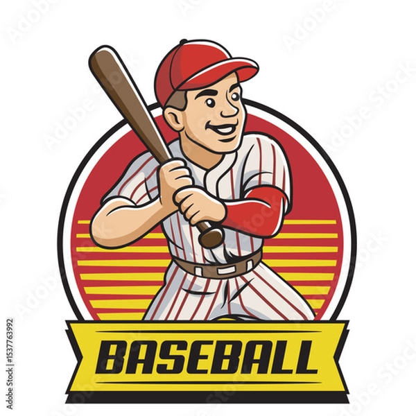 Fototapeta Vector Illustration of Baseball Player Carrying Baseball Bat with Detailed Retro Cartoon Available for Logo Badge