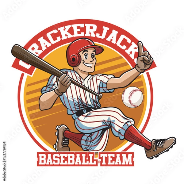 Fototapeta Vector Illustration of Baseball Player Carrying Baseball Bat with Detailed Retro Cartoon Available for Logo Badge
