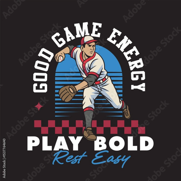 Fototapeta Vector Illustration of Baseball Player Trow Baseball's Ball with Detailed Retro Cartoon Available for Tshirt Design
