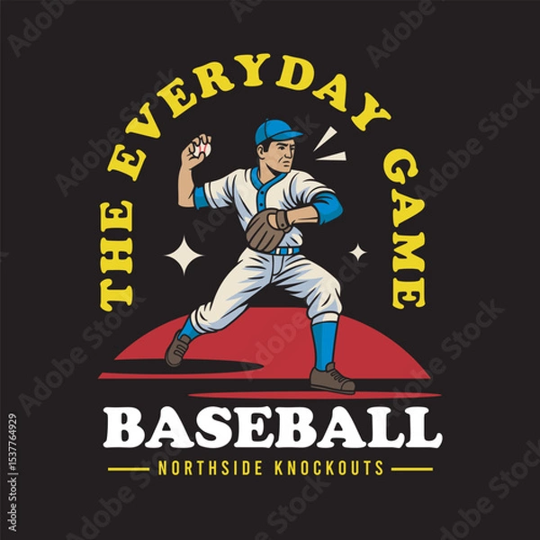 Fototapeta Vector Illustration of Baseball Player Trow Baseball's Ball with Detailed Retro Cartoon Available for Tshirt Design