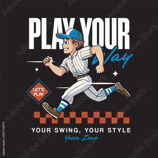 Fototapeta Vector Illustration of Baseball Player Running with Detailed Retro Cartoon Available for Tshirt Design