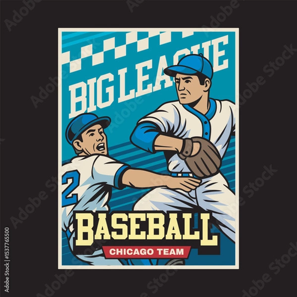 Fototapeta Vector Illustration of Two Baseball Player Fighting for The Ball with Detailed Retro Cartoon Available for Poster