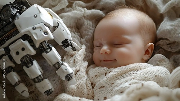 Fototapeta Newborn baby smiling at robotic hand in soft nest