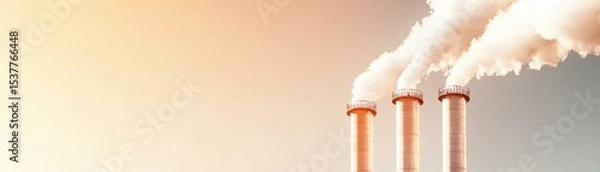Fototapeta Controlling CO2 Emissions for a Low-Carbon Future, Industrial smokestacks releasing steam against a gradient sky backdrop.