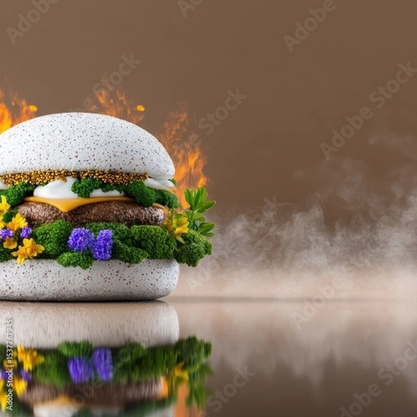 Fototapeta Artistic Gourmet Burger Rendering with Flames and Flowers