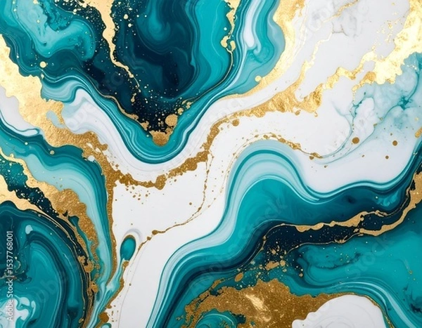 Fototapeta Abstract background of swirling aqua and gold ink in water