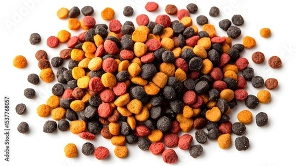 Fototapeta Pile of dry colorful cat food isolated on white background