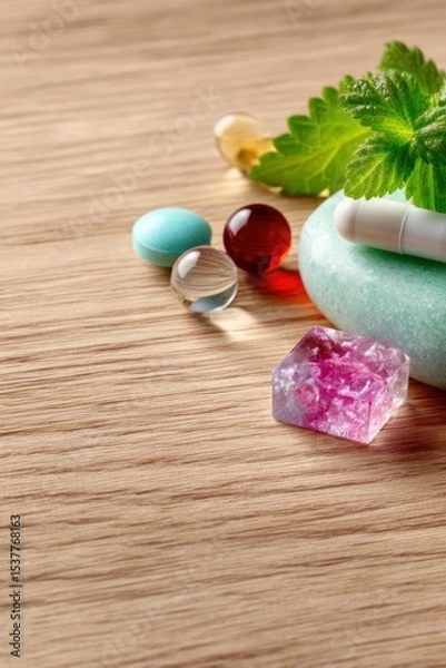 Fototapeta Assorted Pills and Herbs on Wooden Surface
