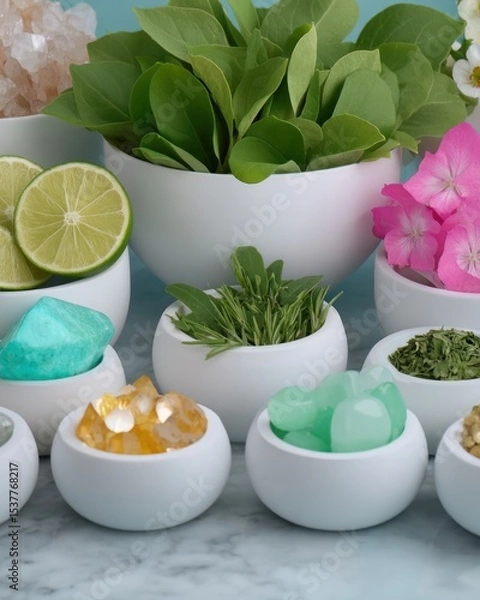 Fototapeta Assortment of Green Herbs and Crystals in White Bowls on Marble