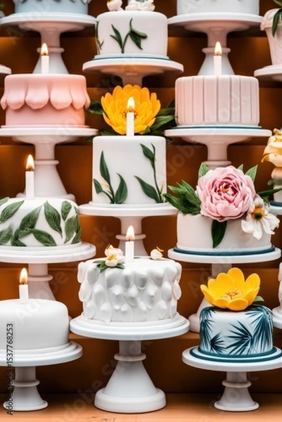 Fototapeta Assortment of Mini Cakes with Floral Decorations and Candles