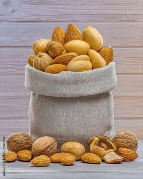 Fototapeta Assortment of Nuts in Burlap Sack on Wooden Background