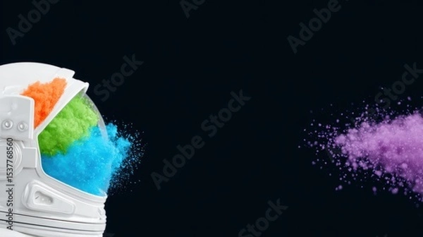 Fototapeta Astronaut Helmet with Colorful Powder Explosion on Dark Background