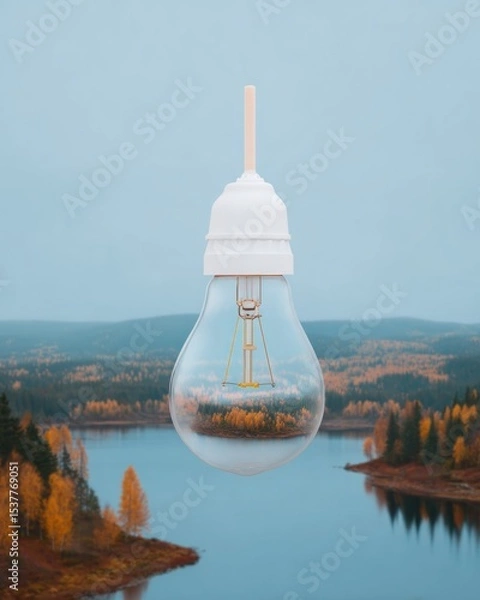 Fototapeta Autumnal Forest Reflected in a Hanging Lightbulb