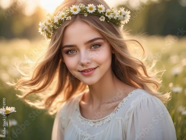 Obraz Smiling girl with daisy crown in sunny meadow at golden hour