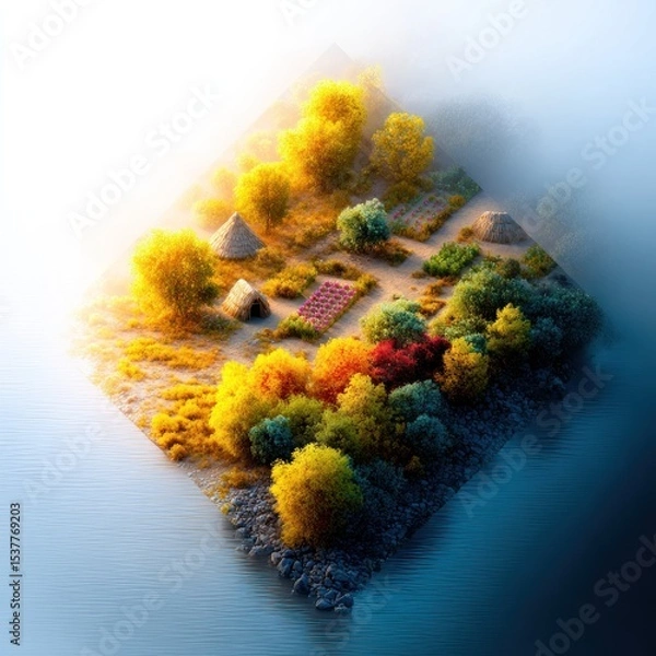 Fototapeta Autumnal Island Village Aerial View: Colorful Trees and Garden