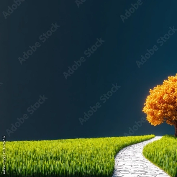 Fototapeta Autumnal Landscape with Winding Stone Path and Solitary Tree