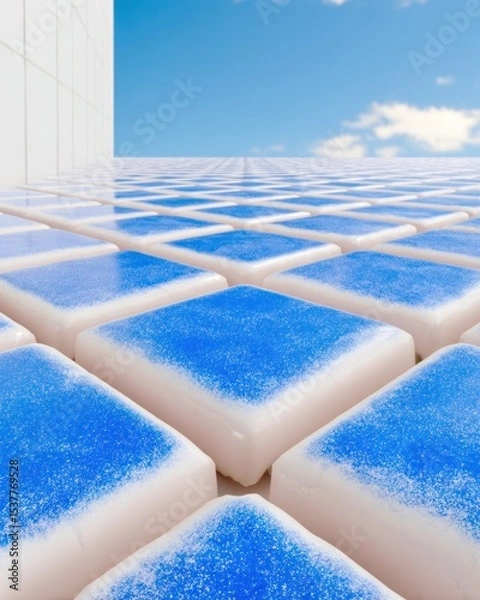 Fototapeta Azure Blue and White Tiles Pattern Against a Sky Background