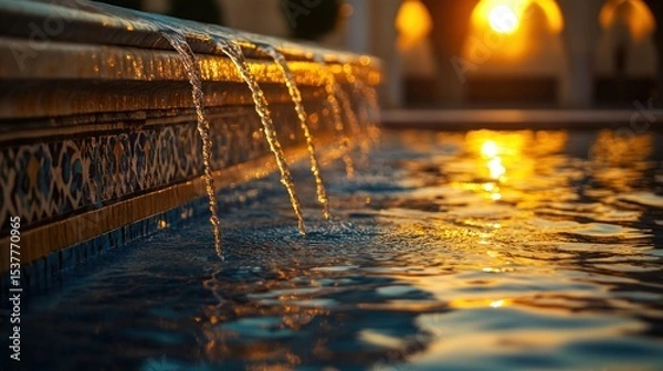 Fototapeta Water cascading over a pool edge at sunset