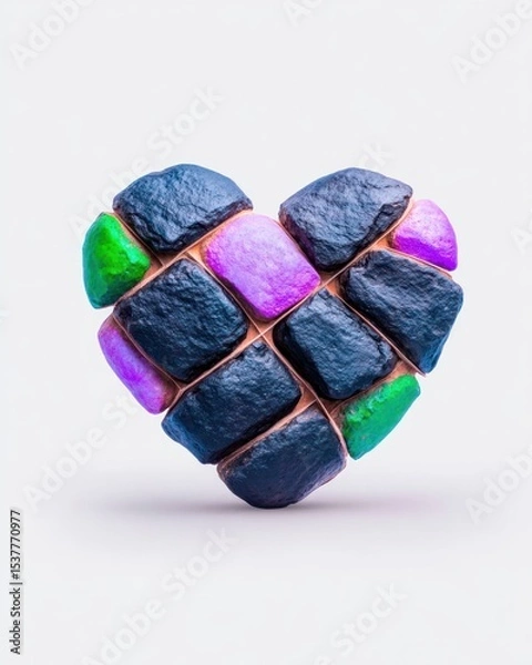 Fototapeta Abstract Stone Heart Sculpture: Geometric Mosaic of Purple, Green, and Blue