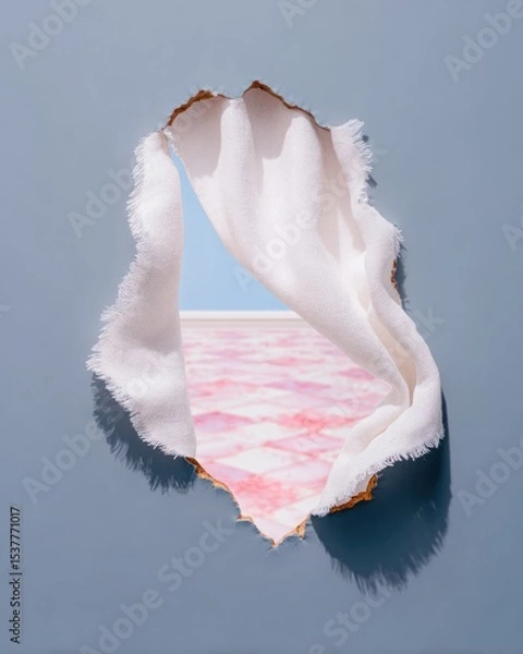 Fototapeta Abstract Surreal Hole in Blue Wall Revealing Pink Floor and White Fabric