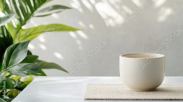Fototapeta Serene moment with smooth cup on textured placemat surrounded by lush greenery