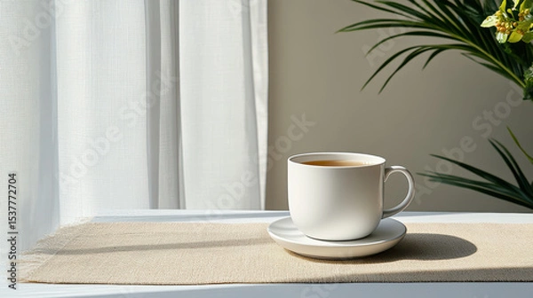 Fototapeta Serene tea moment with smooth cup on soft placemat, bathed in natural light