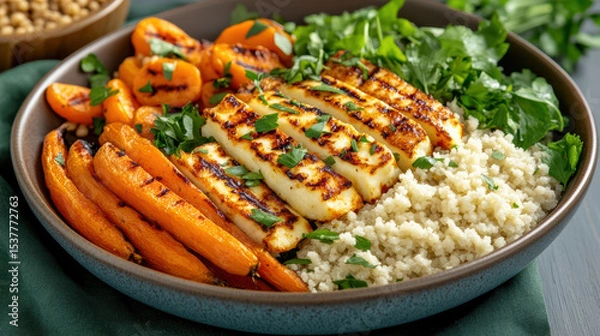 Fototapeta Grilled halloumi with couscous, roasted carrots, and fresh herbs create vibrant meal