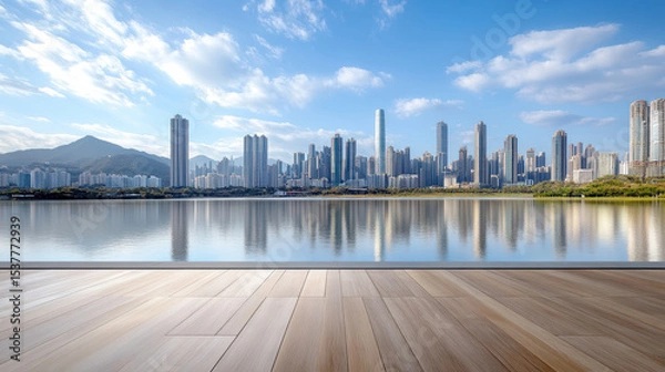 Fototapeta Stunning skyline view reflects beautifully on water, showcasing modern architecture