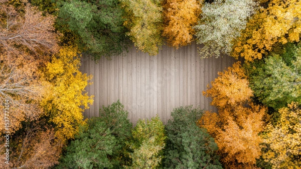 Fototapeta Vibrant autumn trees surround wooden pathway, creating serene and colorful scene