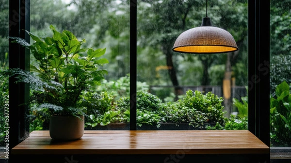 Fototapeta Serene indoor scene featuring potted plant wooden table, with warm lamp illuminating space